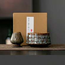 复古陶瓷抹茶碗、茶搅拌器架套装