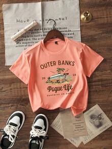 Girls/Teens Students Casual Apricot Color Printed Round Neck Short Sleeve T-Shirt, Summer Top - Orange - View 2