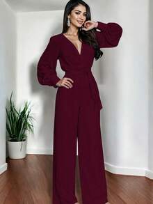 Mono De Pierna Ancha Casual Elegante Escote V profundo Manga Larga Bombacha Con Cinturón Ajustable Para Mujer - Vino - Ver 1