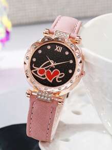 Rosa Armband Diamant Herz Zifferblatt Uhr & Rosa Schmuckset (5 Teile) - Liebesversprechen Geschenk, beinhaltet rosa Armband Diamant Herz Zifferblatt Uhr und rosa Ohrringe, Halskette, Ring (ohne Verpackung)