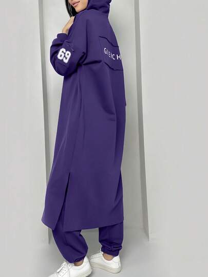 Hooded Knit Maxi Dress, 2-Piece Arab Style Long Top & Elastic Waist Pants Set, Elegant Simple Pullover Outfit, Sleeve Print, Back Patch Decor, For All Seasons