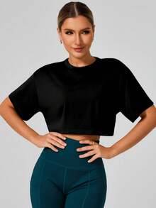 Damen Lässig Kurzarm Crop Top, einfarbiges Basic Trainings T-Shirt für den Sommer