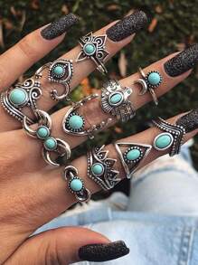 52pcs/42pcs/13pcs/12pcs/11pcs/10pcs/6pcs Bohemian Vintage Western Cowgirl Multi-Element Cactus Leaves Devil's Eye Rings Set, Suitable For Women, Birthday, Vacation, Party, Versatile