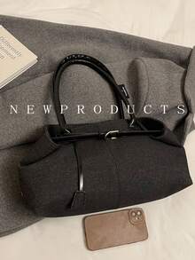 FEISTURE 1 件黑色牛仔布手提包，带肩带装饰，大容量单肩包，带磁扣，适合女孩、女士、大学生、办公室职员和专业人士，非常适合工作、商务、通勤和上学 - 黑色 - 查看 9