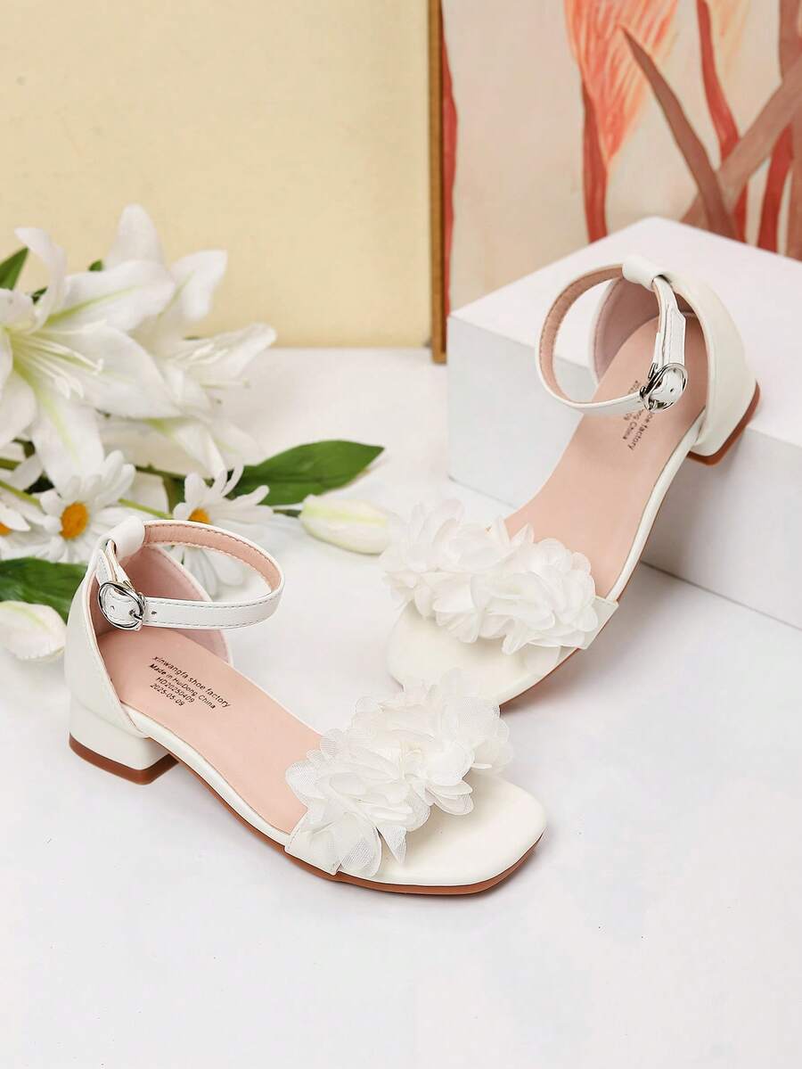 Summer Square Toe Square Heel Floral Decor Sandals, Girls High Heel Dance Shoes, Student Performance & Daily Activity Sandals - White - View 1