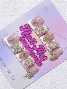 Bộ 10 móng giả hình miệng vịt thủ công, phong cách Y2K, bao gồm các màu nude, hồng, xanh lá cây, xanh dương nhuộm tie-dye với viền kiểu Pháp, được chạm khắc hoa, giọt nước, chấm bi, sọc cho phụ nữ và bé gái, phù hợp cho tiệc tùng, đám cưới, sử dụng hàng ngày, kèm theo bộ dụng cụ, có thể dùng làm quà tặng. Móng giả dán, dụng cụ làm móng, móng giả thủ công. - Vàng - Xem 4