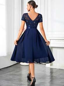 MIUSOL Sequin Floral Lace Contrast Chiffon Round Neck Pleated Hem Evening Party Long Dress Summer Elegant - Navy Blue - View 2