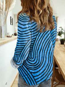 Áo sơ mi nữ cỡ lớn, Áo kiểu cài nút họa tiết da báo thời trang - Áo tay dài phong cách vintage thường ngày cho mùa xuân - Màu xanh lam - Xem 2