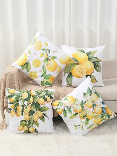 4个45*45厘米黄色柠檬图案装饰枕套，夏季风格图案枕套，柔软桃皮绒方形靠垫套，适合派对装饰、生日礼物、家居装饰、房间装饰、椅子装饰、客厅装饰等。不含枕芯。
