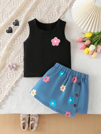 女童两件套：一件碎花圆领无袖上衣和一条碎花不对称仿牛仔裙，适合户外度假穿着。