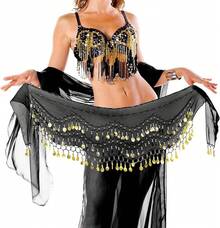 Chiffon Belly Dance Hip Scarf With 128 Coins For Yoga Class - Black - View 9
