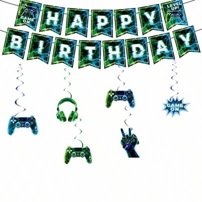 6件套绿色游戏主题生日派对装饰品，纸质游戏机螺旋悬挂装饰，适用于室内外生日庆祝活动