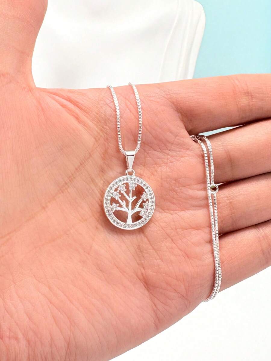Colar feminino simples e elegante, pingente redondo da árvore da vida, incrustado com zircônia banhado a prata 925