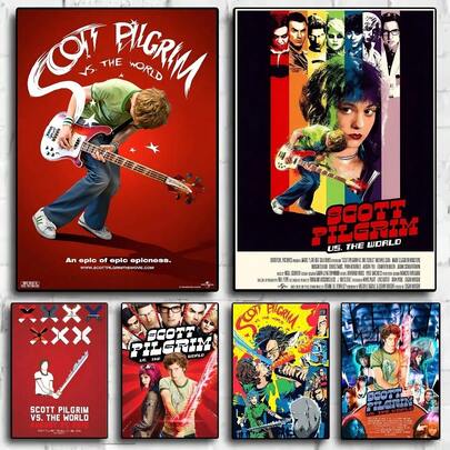 1 pieza/Set de 3 pósteres artísticos de pared con opción de marco, decoración de pared, decoración de habitación, póster de la película vintage retro Scott Pilgrim VS The World, arte de alta definición, impermeable, decoración para el hogar, sala de estar, dormitorio, bar, estética