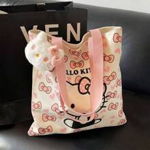 Sanrio Hello Kitty Cartoon Cute Canvas Bag, Portable Large Capacity Student Carrying Shoulder Bag, Cute Commuting Tote Bag, Suitable For Work, Travel, School, Daily Use