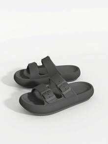 Papuci de casă pentru bărbați, cu vârful deschis, respirabili, anti-transpirație, anti-alunecare, pentru interior și exterior, culoare uni, talpă groasă, ușoară, durabilă, confortabilă pentru bărbați și femei - Gri - Vizualizare 5