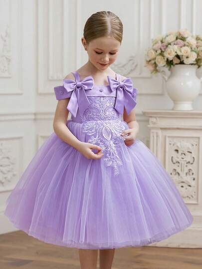 Vestido de princesa de tul con flores de encaje, perlas y moño para niña, elegante vestido de fiesta, ideal para fiesta de cumpleaños de niña, boda, baile de graduación, celebración de festivales, vestido de dama de honor nupcial