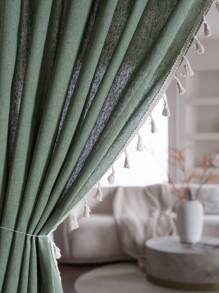 1 Pieza Cortina verde, estilo simple y fresco, disponible en múltiples tamaños, diseño con flecos, adecuada para ventana de dormitorio, sala de estar, cortina transparente semitransparente, divisor de habitación, cortina corta para ventana de cocina