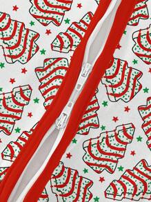 Baby Bamboo Fiber Zip-Up, Christmas Tree Cake Print Romper, All-Season Knit Fabric Skinny Fit With Zipper Detail, Boy Baby Girl Clothes, Perfect For Outdoor