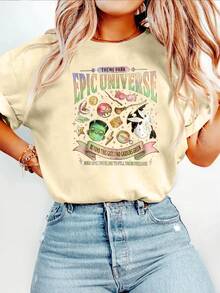 Camiseta con estampado gráfico de letras de dibujos animados, camiseta informal de cuello redondo y manga corta para verano y primavera, camiseta de mujer - Albaricoque - Ver 2