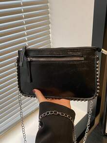 Túi cầm tay hình phong bì, Túi xách thời trang, Túi xách nữ bằng bạc sáng chế, Túi đeo vai/túi đeo chéo có dây xích, Ví vuông nhỏ có khóa kéo - màu đen - Xem 2