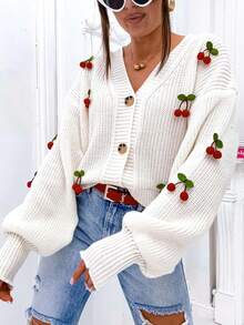 Cherry Pattern Knit Loose V-Neck Button Cardigan Jacket, Casual Autumn White - White - View 3