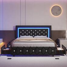 Twin/ Full/ Queen Bed Frame With Drawers, Upholstered Bed Frame With LED Lights, Modern Platform Bed Frame With Headboard And Footboard, Diamond Tufted Design, No Box Spring Needed, White/ Pink/ Black/ Purple/ Yellow (Twin Size 2 Drawers/ Other Size 4 Drawers) * Bed Frame Queen Bed Frame Bed Queen Bed Frame King Bed Frame Bedroom Furniture Bed Frame Full Full Size Bed Frame Twin Bed Frame Beds Cozy Bedroom Home Bedroom Refresh Room Decor Home Decor Christmas Decor Bedroom Decor Valentine Day Decor Storage Living Room Decor Furniture House Decor Halloween Decorations  ( USB LED Strip) - 黑色 - 查看 6