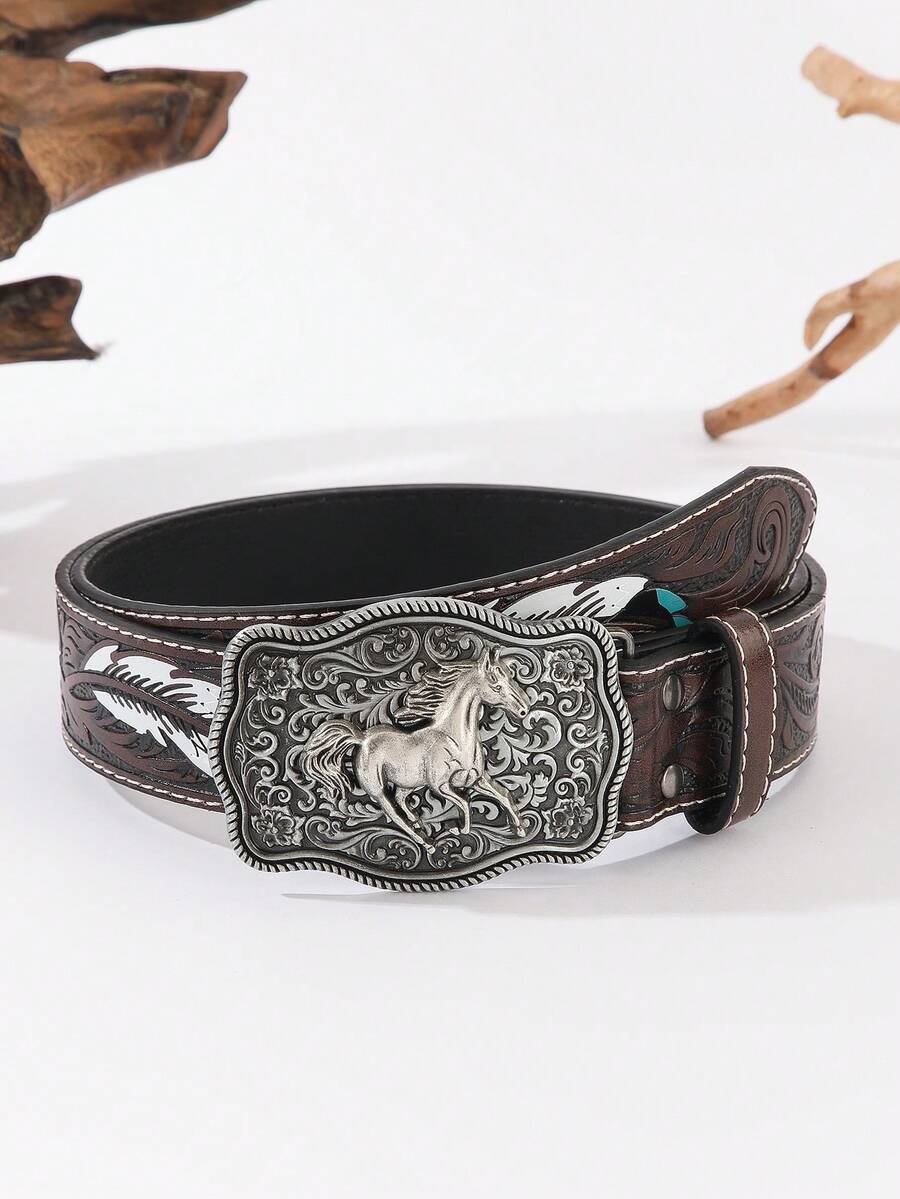 新款西部牛仔风腰带，休闲复古波西米亚街头时尚PU皮革高品质马扣腰带，适合S码，春夏秋冬皆宜，秋冬配饰，适合青少年、青年、男士，休闲、户外、运动、度假、毕业礼物、生日礼物、日常佩戴 - 黑與白 - 查看 1