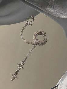 1pc 925 Silver Crescent Moon Chain Integrated Stud Earrings Clip-On Earrings