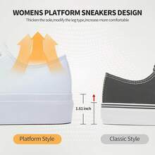 White Platform Sneakers For Women, Low Top Canvas Shoes - 白色單色 - 查看 10