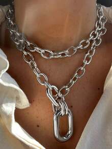 1 件时尚银色金属链多层项链，创意粗链设计，适合派对和日常佩戴 - 銀色 - 查看 13