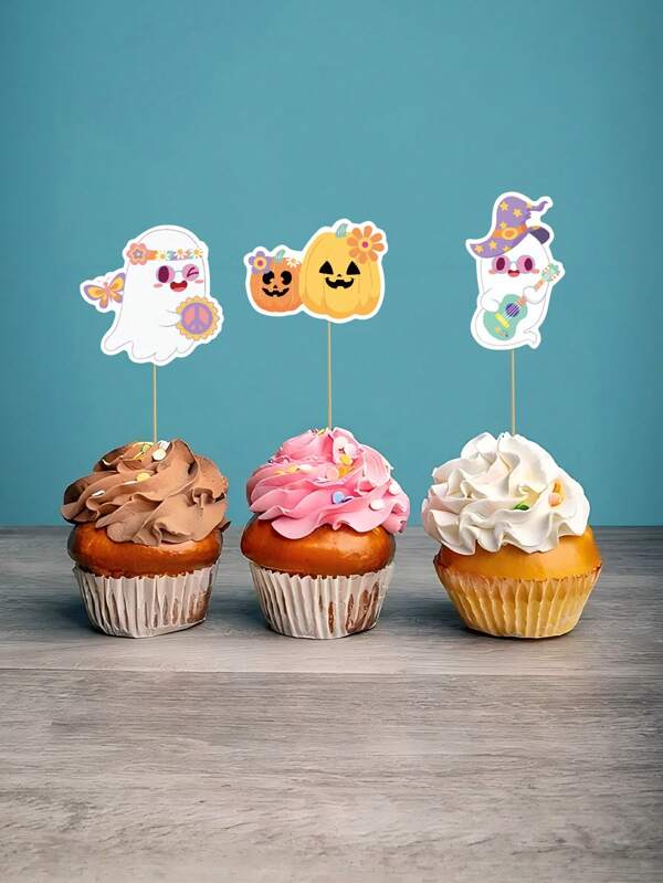 8 peças/conjunto de toppers para cupcake de Halloween com tema boêmio, decoração de bolo fantasma hippie fofa para festa de Halloween e decoração de festa com tema boêmio