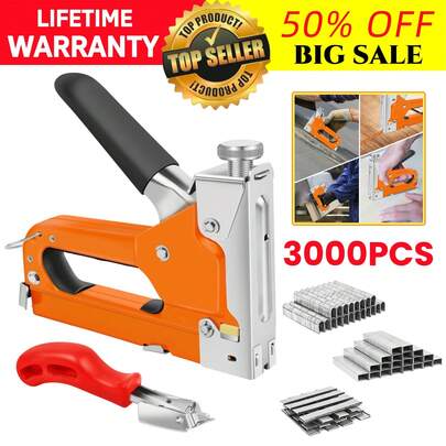 AutoFu Heavy Duty Hand Tacker Staple Gun - 3000 Staples 3 Type Nails Stapler, 3 In 1 Upholstery Stapler For Fixing Material, Decoration, Carpentry, Furniture, Doors And Windows Back To School