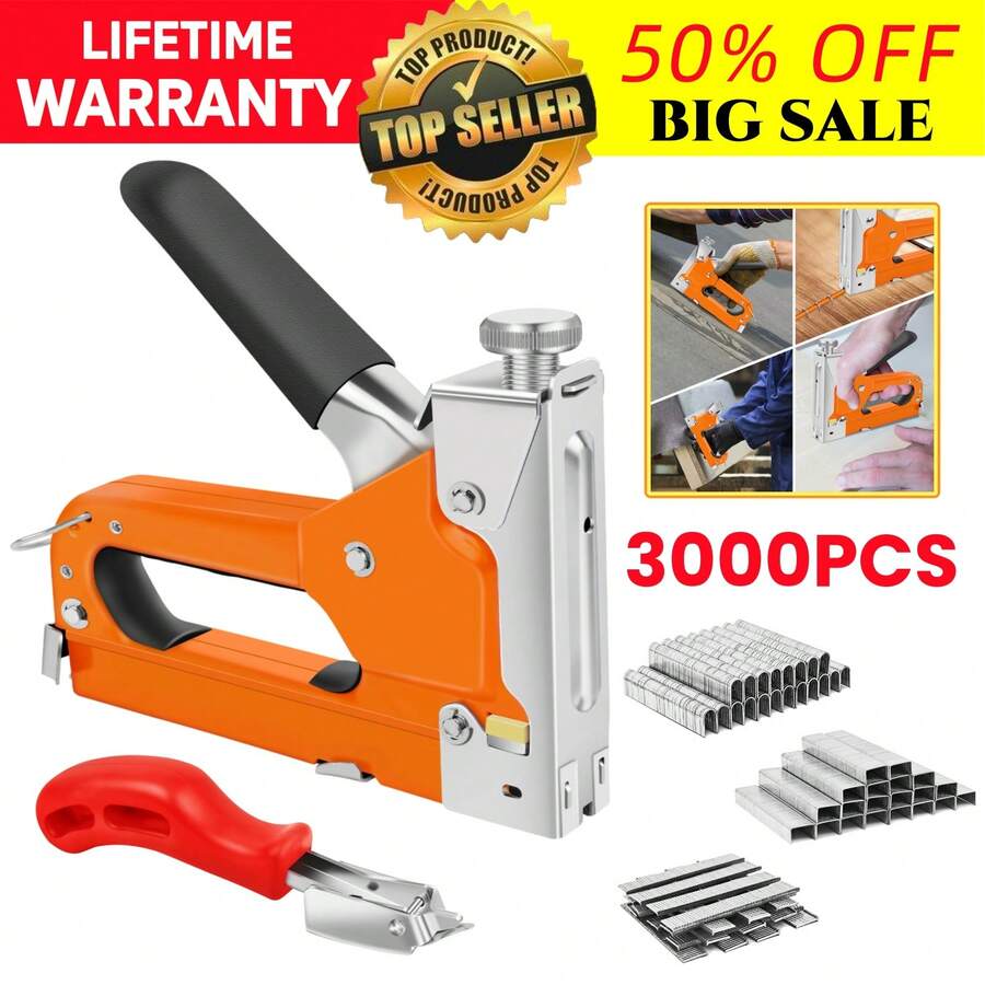 AutoFu Heavy Duty Hand Tacker Staple Gun - 3000 Staples 3 Type Nails Stapler, 3 In 1 Upholstery Stapler For Fixing Material, Decoration, Carpentry, Furniture, Doors And Windows Back To School - Orange - View 1