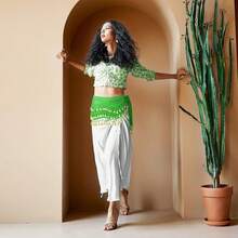 Chiffon Belly Dance Hip Scarf With 128 Coins For Yoga Class - 綠色 - 查看 10