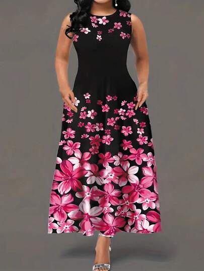 Vestido sin mangas con cuello redondo casual y estampado floral para mujer de talla grande