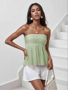 Women Sexy Strapless Ruffle Hem Tube Top Summer Solid Sleeveless Backless Tube Top Pleated Peplum Flowy Bandeau Top - 綠色 - 查看 1