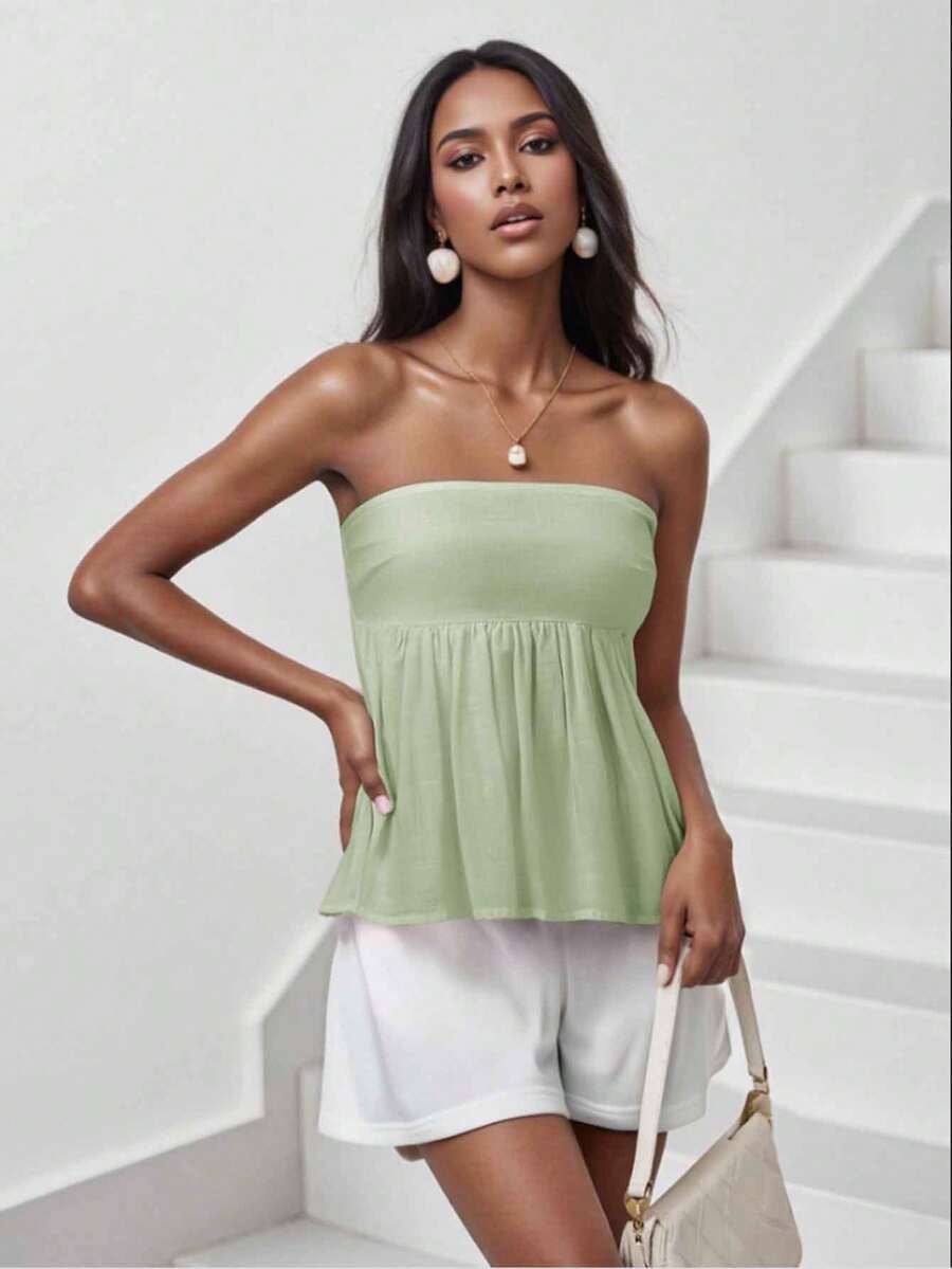Women Sexy Strapless Ruffle Hem Tube Top Summer Solid Sleeveless Backless Tube Top Pleated Peplum Flowy Bandeau Top - 綠色 - 查看 1