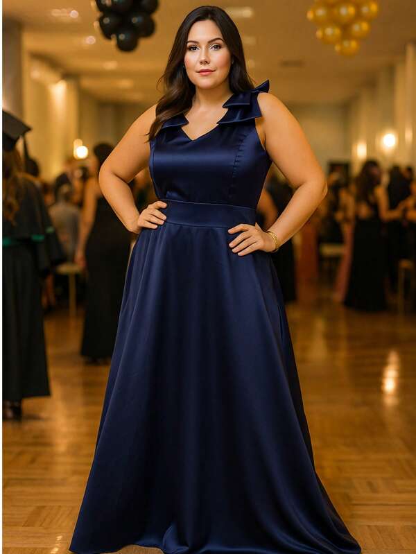 Holy Lia Vestido Festa Plus Size Longo Crepe Madrinha 2 Laços Elegante Removivel