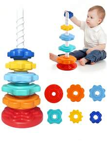 A Rainbow Tower Spinning Stacking Toy, Color Ferrule, Children's Educational Early Education Toy Block Shape Matching, Spinner Toy,Attention Autism Bucket Toys,Spinning Toys,Stacking Toy,Stacking Rings,Sensory Toys