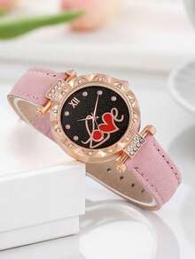 Rosa Armband Diamant Herz Zifferblatt Uhr & Rosa Schmuckset (5 Teile) - Liebesversprechen Geschenk, beinhaltet rosa Armband Diamant Herz Zifferblatt Uhr und rosa Ohrringe, Halskette, Ring (ohne Verpackung)