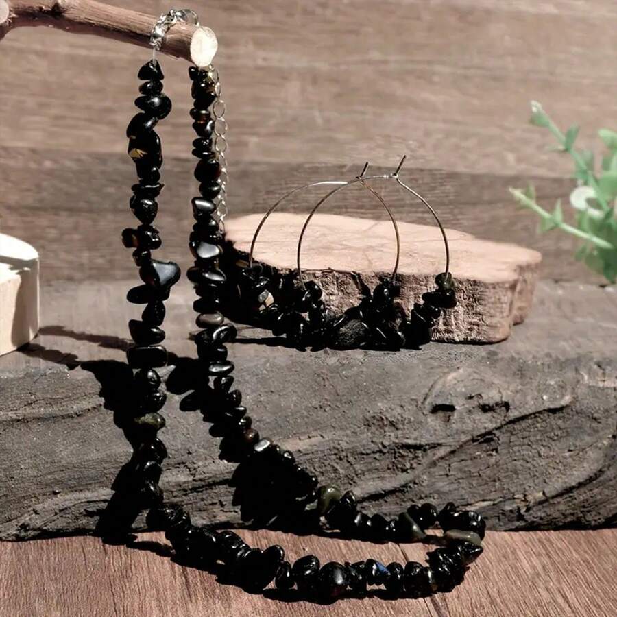 3 件波西米亚风格黑色天然宝石夏季海滩度假水晶项链耳环套装