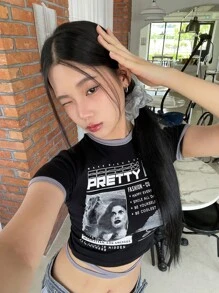 ROSIE IN SEOUL 女款黑色图案T恤 返校街头服饰可爱上衣 | 海滩度假服装 夏秋新品