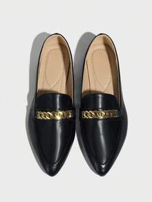 2025 New Arrival Black Loafers For Women, English Style Flat Pointed Toe Slip-On Shoes, Metal Chain Decor, Versatile Casual Thick Sole Thin Penny Loafers - Black - View 7