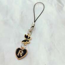 1pc Metallic Heart & Alphabet Letter A-Z Charm Phone Pendant - Black - View 19