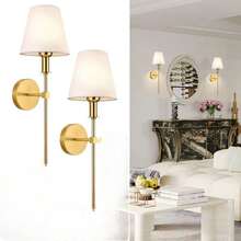 Modern Golden Or Black Hardwired Wall Sconces Set Of 2 Slim With White Fabric Shade,Wall Lighting For Bathroom Vanity Mirror Living Room Dining Entryway Fireplace Mantel Theater Room Bedside - 2 đèn tường vải Mỹ - Xem 1