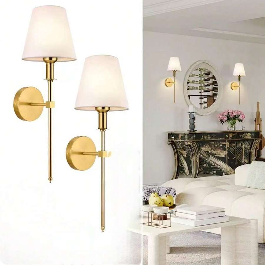 Modern Golden Or Black Hardwired Wall Sconces Set Of 2 Slim With White Fabric Shade,Wall Lighting For Bathroom Vanity Mirror Living Room Dining Entryway Fireplace Mantel Theater Room Bedside - 2 đèn tường vải Mỹ - Xem 1