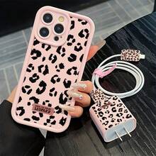 5-Piece Leopard Print Phone Accessories Set: 1 Phone Case, 1 Charger Case, 2 Cable Holders, 1 Cable Strap, Compatible With IPhone 16/16 Pro/16 Pro Max/16 Plus/11/11 Pro/11 Pro Max/12/12 Pro/12 Pro Max/13/13 Pro/13 Pro Max/14/14 Pro/14 Plus/14 Pro Max/15/15 Pro/15 Plus/15 Pro Max Nan Cable Protector Charger Accessories - Pink - View 3