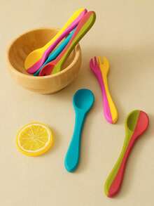 2PCS/Set Personalized Customization Name Baby Silicone Utensils Feeding Learning Children Tableware Custom Baby Soft Spoon Forkback To School Winter Gift Ideas Boy Girl Valentine's Day - Multicolor - View 4