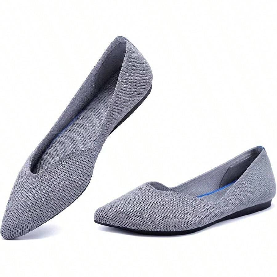Womens Flat Shoes Classic Pointed Toe Flats Knitted Dress Shoes Soft Comfortable Dressy Flats Women - 6042灰色 - 查看 1